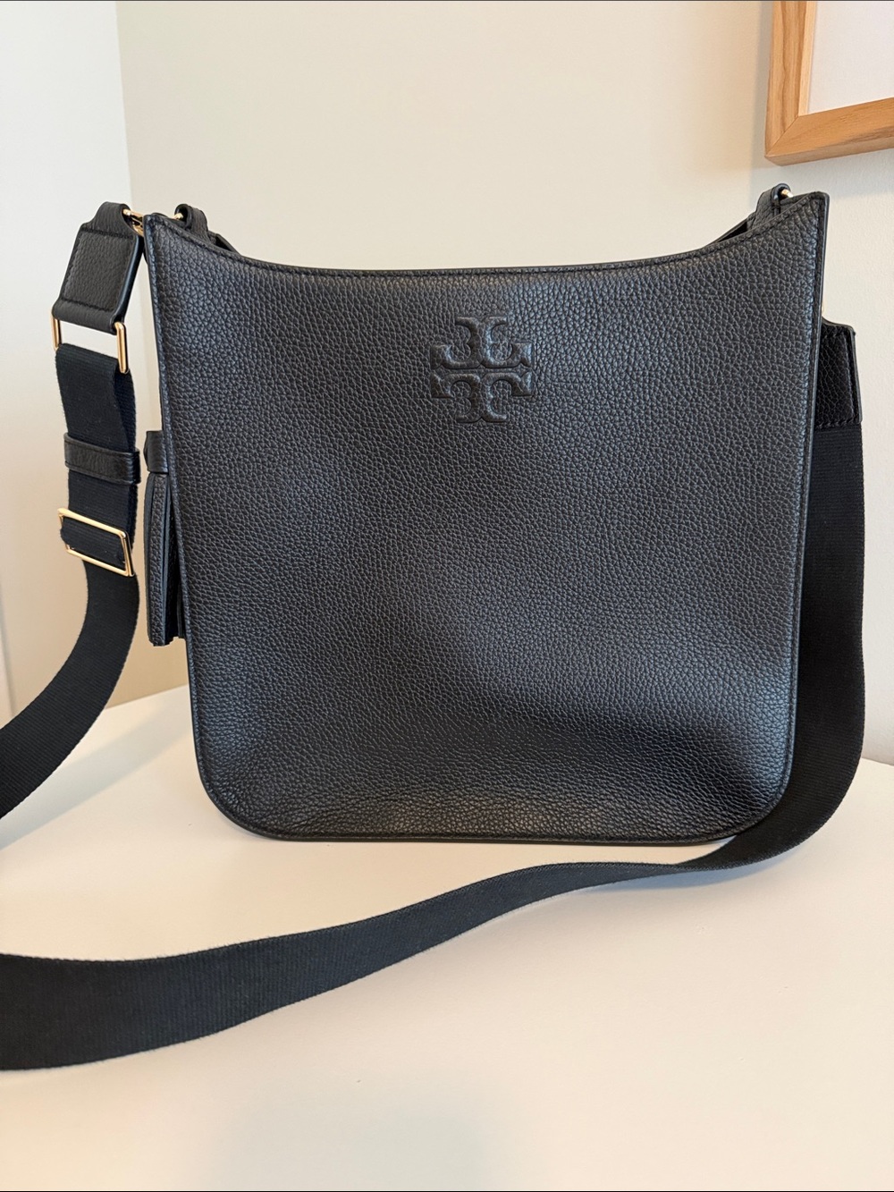 Tory Burch Black Pebbled Leather Messenger Bag with Adjustable Strap